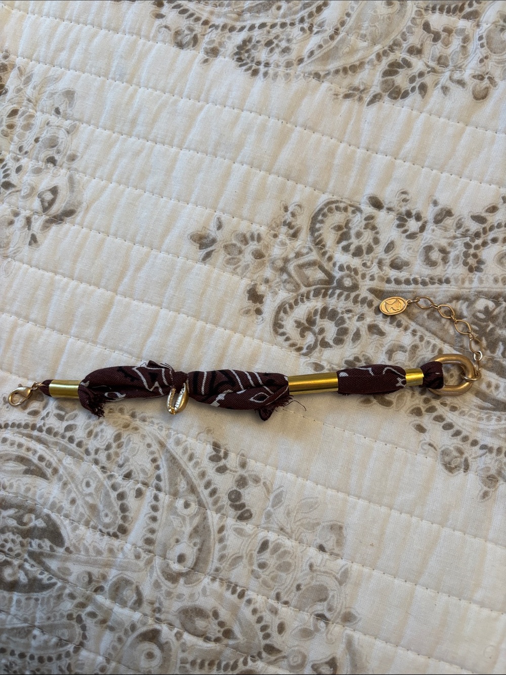 Free People and Ariana Ost gold Tone Bracelet w Brown bandanna and charms NWOT